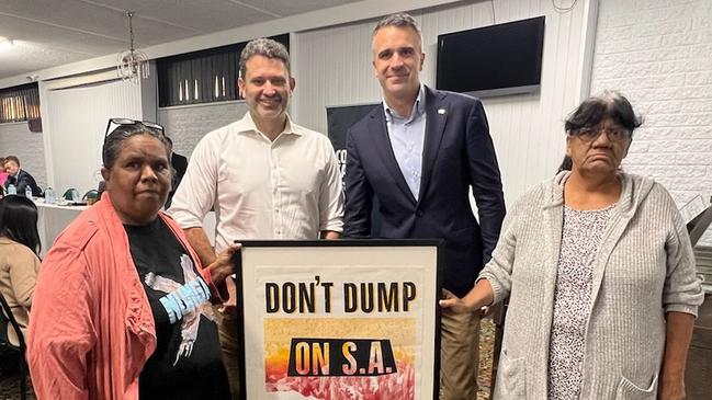 Barngarla traditional owners Linda Dare and Daw Taylor with SA Aboriginal Affairs Minister Kyam Maher and Premier Peter Malinauskas.