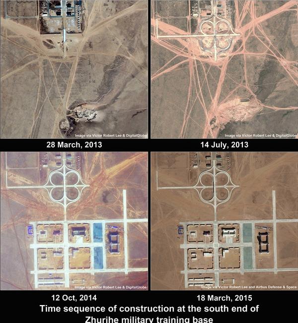 Satellite images show the construction of replicas of key Taiwanese buildings and infrastructure in a Chinese training camp. Picture: The Diplomat