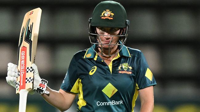 HOBART, AUSTRALIA - JANUARY 30: Beth Mooney of Australia celebrates scoring a half century during game three of the Women's T20 International series between Australia and South Africa at Blundstone Arena on January 30, 2024 in Hobart, Australia. (Photo by Steve Bell/Getty Images)