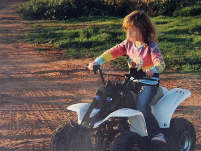 Quads: One of the young Colt children is pictured here riding around on a quad bike on their farm in rural New South Wales. Charlie Colt said the family members were big motorsport fans.