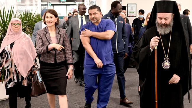 Gladys Berejiklian with community and religious leaders at the Vaccination Hub at Sydney Olympic Park. Picture: NCA NewsWire/Jeremy Piper