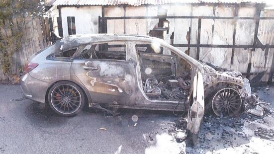 A burnt out Silver Mercedes-Benz allegedly used in the murder of Mick Hawi. Picture: supplied.