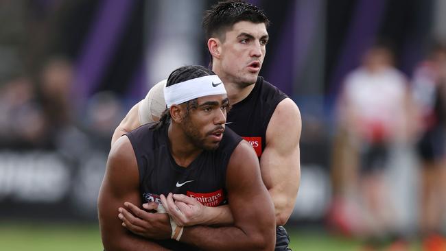 Brayden Maynard and Isaac Quaynor are the Magpies’ two main options to combat GWS star Toby Greene in the preliminary final. Picture: Michael Klein.