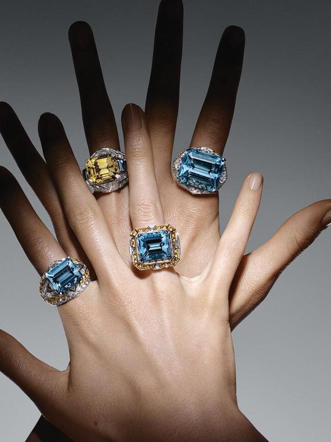 Rings from the Louis Vuitton Deep Time Drift chapter, created with aquamarine and yellow sapphire.