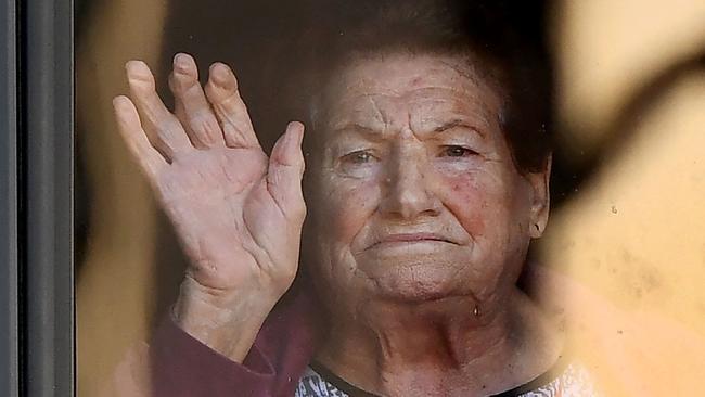 An aged-care resident in the Melbourne suburb of Maidstone on Monday. Picture: AFP