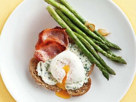 Poached eggs with bacon, asparagus & herbed ricotta.