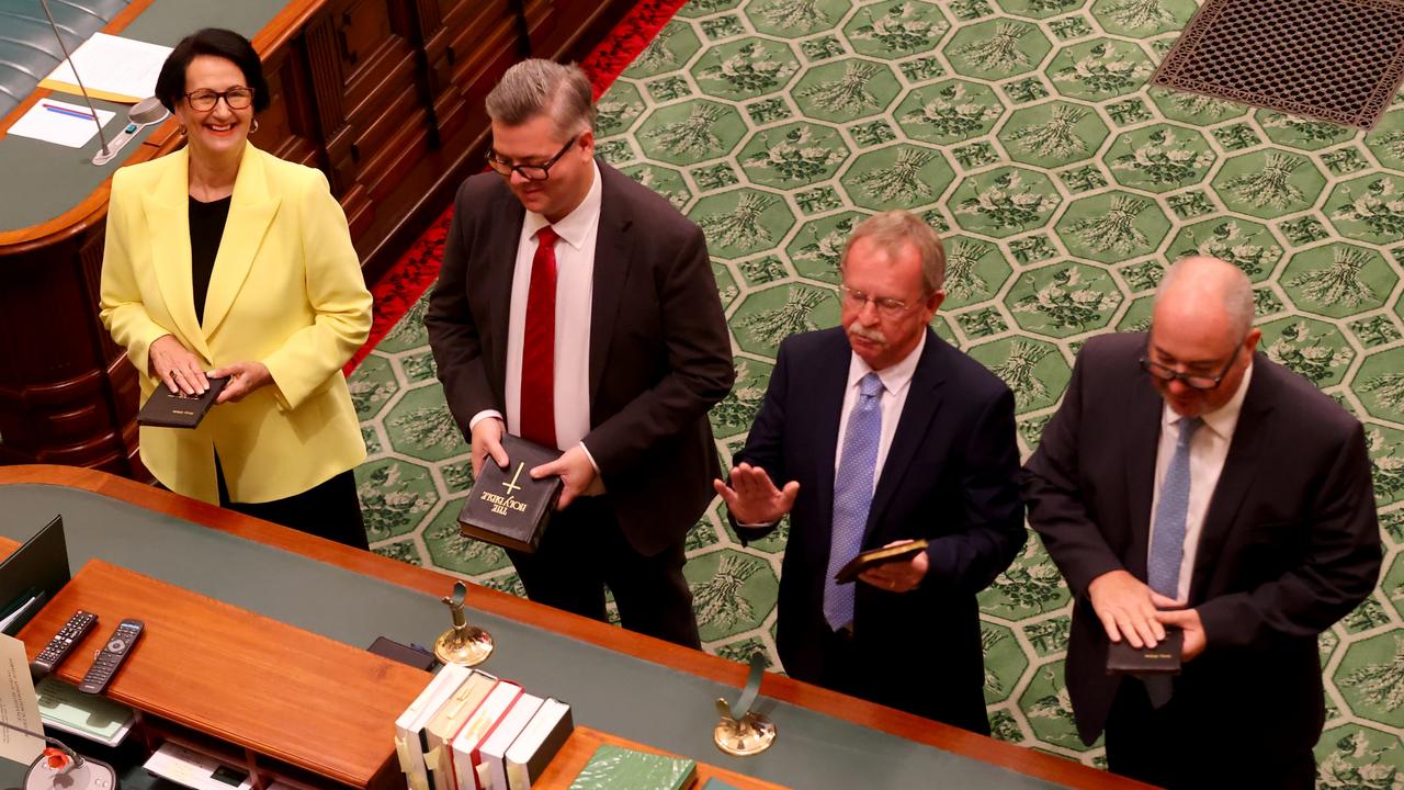 Vickie Chapman, left, at the swearing-in ceremony on the first day of the South Australian parliament. Picture: NCA NewsWire / Kelly Barnes