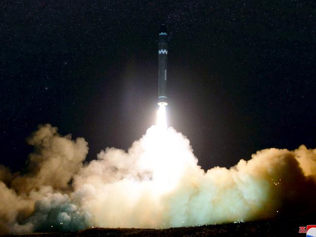 Pictures capture the moment the Hwasong-15 missile blasts off. Picture: KNCA/AFP