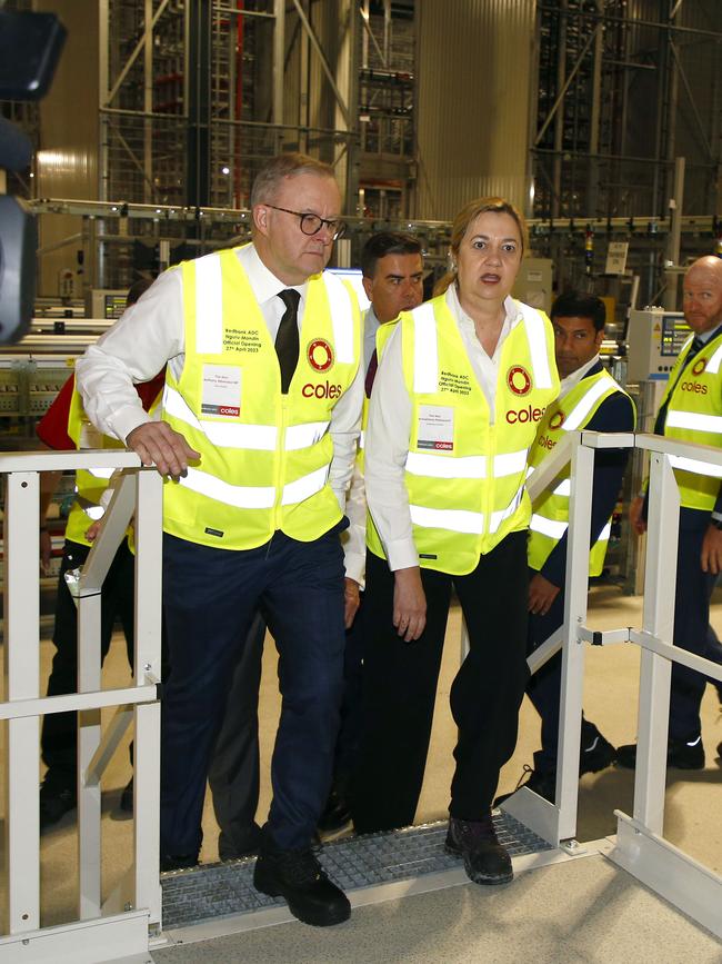 Prime Minister Anthony Albanese with Queensland Premier Annastacia Palaszczuk at the opening of a Coles Automated Distribution Centre in Redbank, Brisbane, this week. The duo will meet again at Friday’s national cabinet. Picture: NCA NewsWire/Tertius Pickard