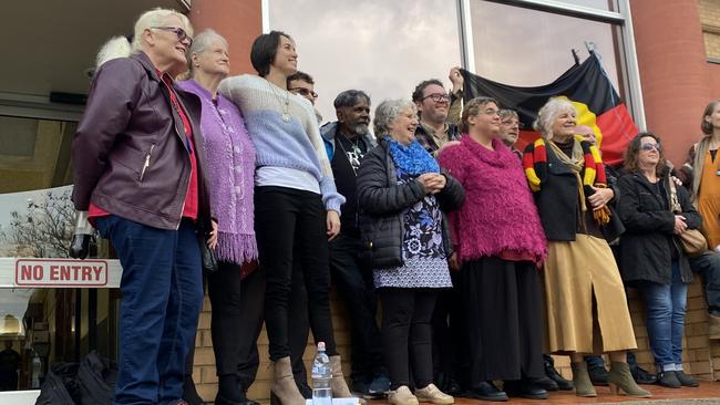 Siege-accused Solonge "Soli" Ellen Goodes with supporters outside of the Elizabeth Magistrates Court. Picture: Brinley Duggan