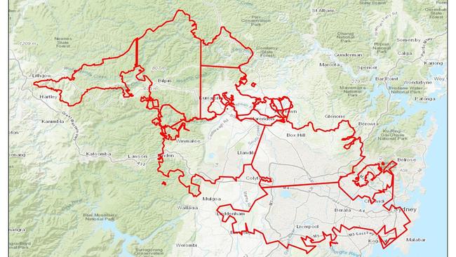 SOCIAL MEDIA IMAGE DISCUSS USE WITH YOUR EDITOR - STARK COMPARISON: Three massive blazes have joined west of Coffs Harbour and compared to Sydney would stretch from Bondi to Lithgow.