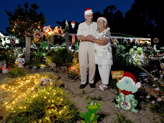 Lobethal couple Peg and Bill Chartres at their home with hundreds of Christmas lights and displays in 2020. Picture: Naomi Jellicoe