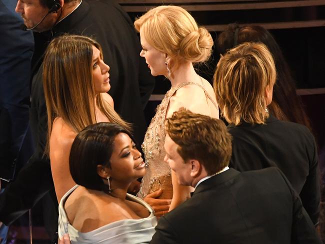 Musician Keith Urban, actors Nicole Kidman, Jennifer Aniston, and Octavia Spencer speak in the audience during the 89th Annual Academy Awards. Picture: Getty