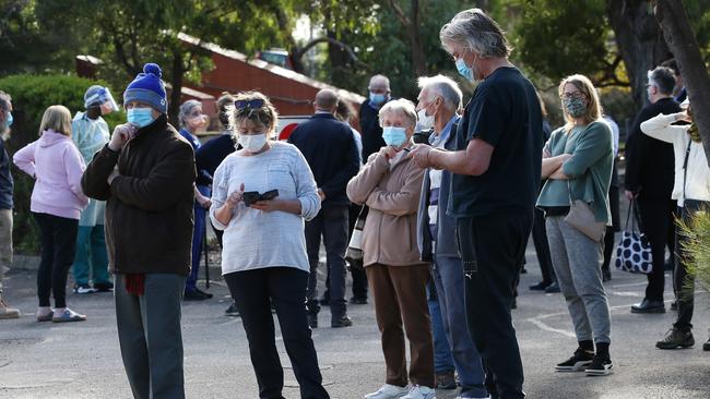 Queuing for Covid testing at Anglesea Community Precinct in McMillan Street on Wednesday. Picture: Alan Barber