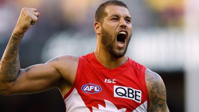 Lance Franklin celebrates a goal for the Swans. Picture: Getty Images