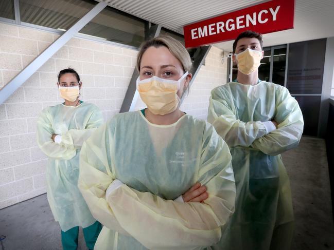 Carona Angels  at PA Hospital picture (left to right) Sarah Borg aged 32Acting nurse educator for COVID-19, Claire Ward aged 36 Acting clinical nurse consultant for COVID-19 and John Ash aged 30Acting clinical nurse consultant for COVID-19 first point of contact to the Caronavirus patents Pic Jamie Hanson