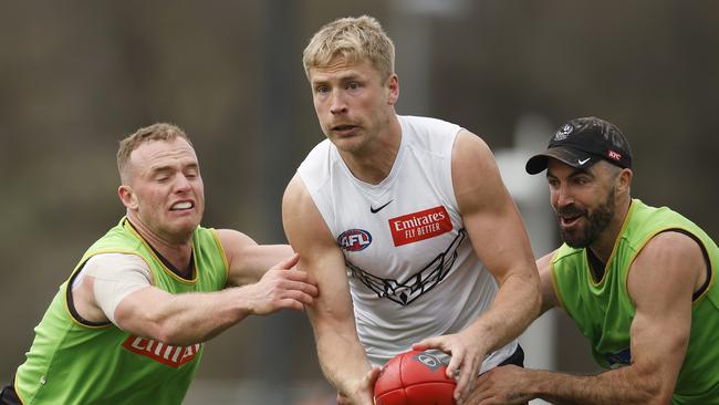 Craig McRae says Billy Frampton (centre) will offer ‘good flexibility’ for the Magpies in the Grand Final as he replaces Dan McStay. Picture: Daniel Pockett / Getty Images