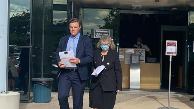 Sonya Mariee Whitestyles (right) leaves Southport court with her lawyer Blake Fraser, of Fraser Lawyers. Picture: Lea Emery