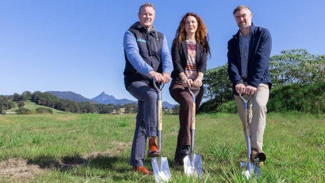 Williams Group Australia GM Lyndon Poirrier, Tweed Mayor Chris Cherry and Alder Constructions GM Dean Cheffers turning the first sod at the new flood-free industrial land swap area in South Murwillumbah.