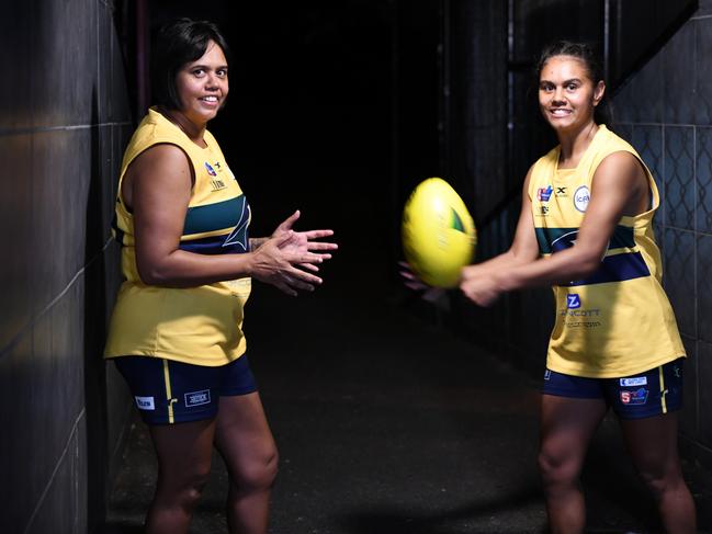 Bronwyn Davey together with her daughter Tesharna Maher. Both lined up together with Woodville-West Torrens in the SANFLW's round nine. Picture: Hannah Rex