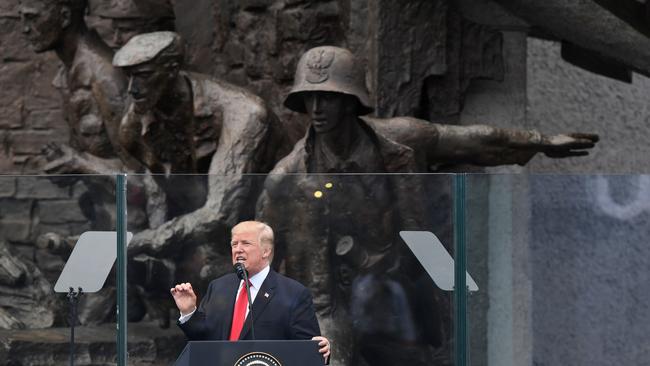 US President Donald Trump gives a speech in front of the Warsaw Uprising Monument on Krasinski Square. Picture: AFP