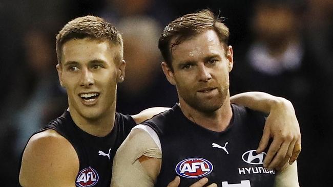 A relieved Lachie Fogarty and Sam Docherty. Picture: AFL Photos via Getty Images