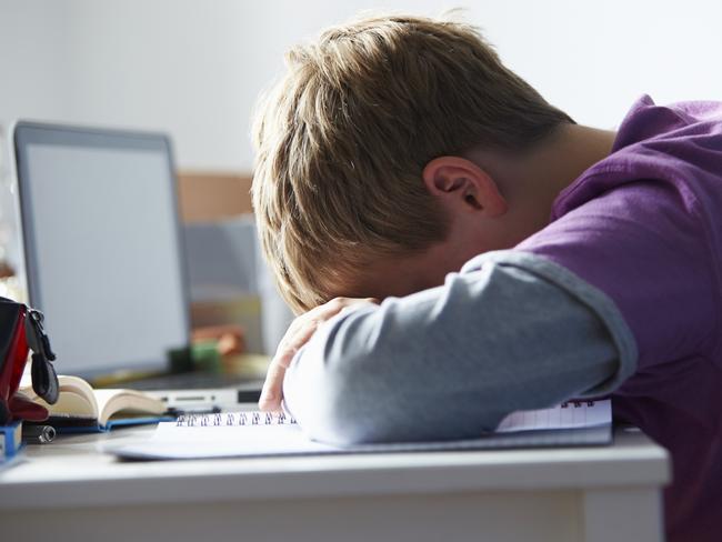 Tired Boy Studying In Bedroom