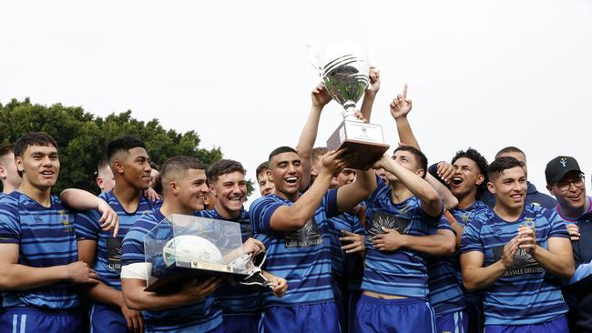 Patrician Brothers Fairfield celebrating winning the NRL Schoolboys Grand Final against Hills Sports High at Leichhardt Oval. Picture: Jonathan Ng