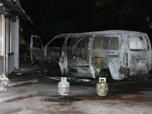 The burnt van outside the Australian Christian Lobby headquarters. Picture: Kym Smith