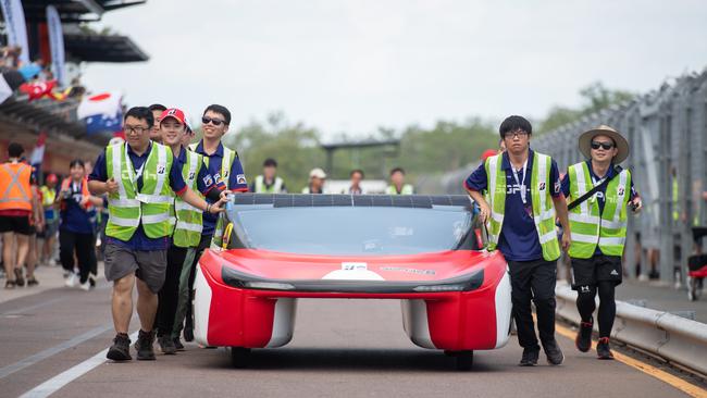 Hongkong VTC Solar Car getting ready for the lap of 2023 Bridgestone World Solar Challenge, Hidden Valley Raceway, Saturday, October 21, 2023. Picture: Pema Tamang Pakhrin.