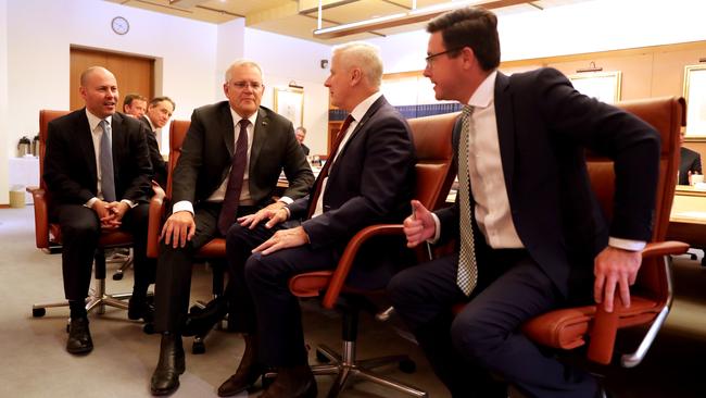 Josh Frydenberg, left, Scott Morrison, Michael McCormack and David Littleproud in Canberra on Monday. Picture: Adam Taylor/PMO