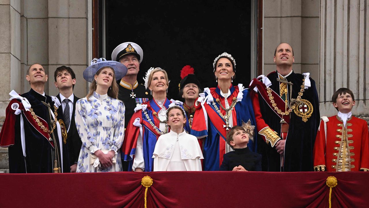 The royal family watch the RAAF fly past. Picture: AFP