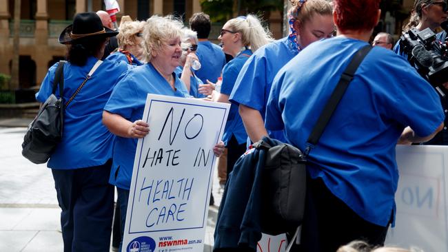 SYDNEY, AUSTRALIA - NewsWire Photos FEBRUARY 13, 2025: Nurses rally outside of Parliament House in Sydney against hate speech in NSW hospitals following an antisemitic incident with two nurses at Bankstown Hospital. Picture: NewsWire / Nikki Short