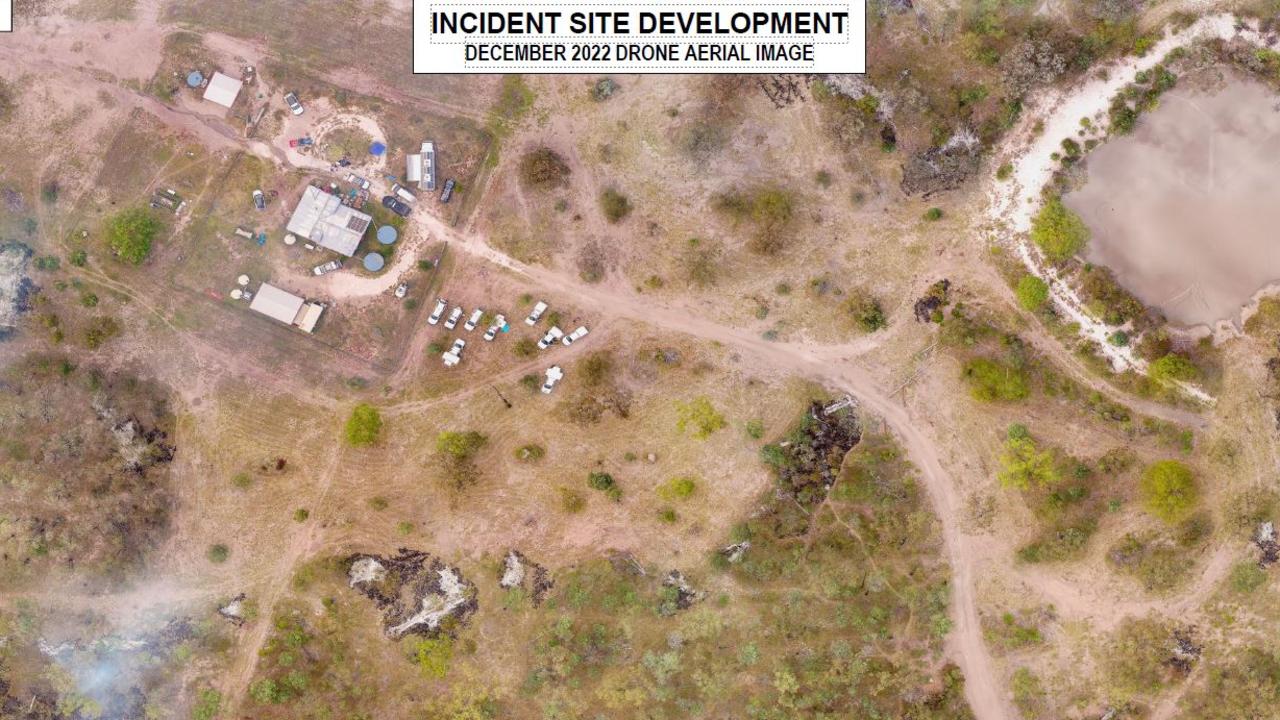 A final aerial image of the Wains Rd property after the Trains were shot dead, with vegetation patches smouldering from the fires. Picture: Supplied / Queensland Police