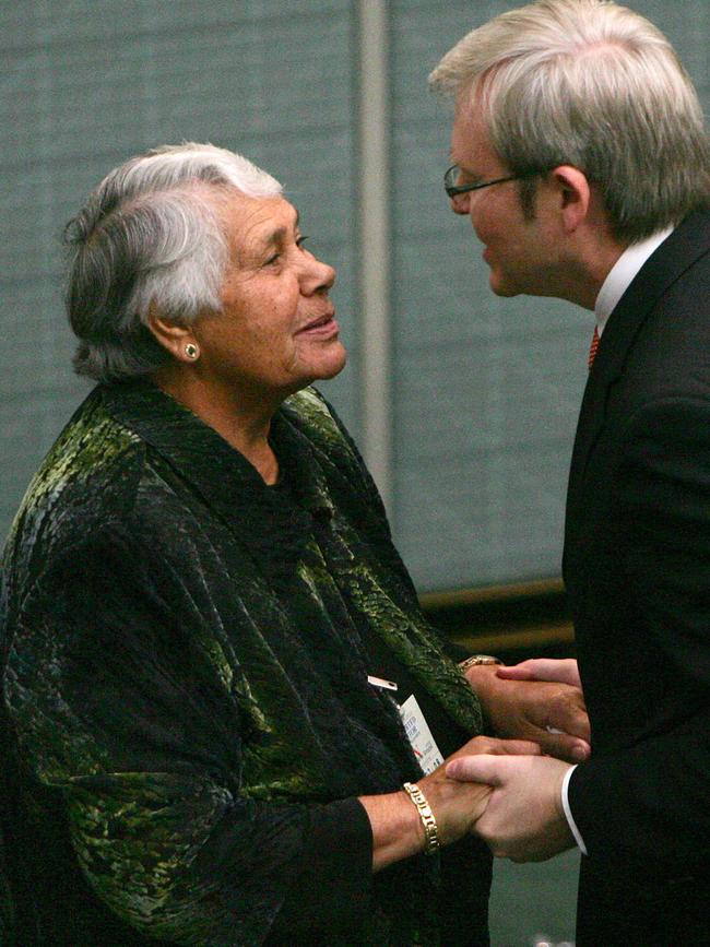 O'Donoghue with then Prime Minister Kevin Rudd talk after the official apology at the parliament in Canberra on February 13, 2008. Picture: Gary Ramage.