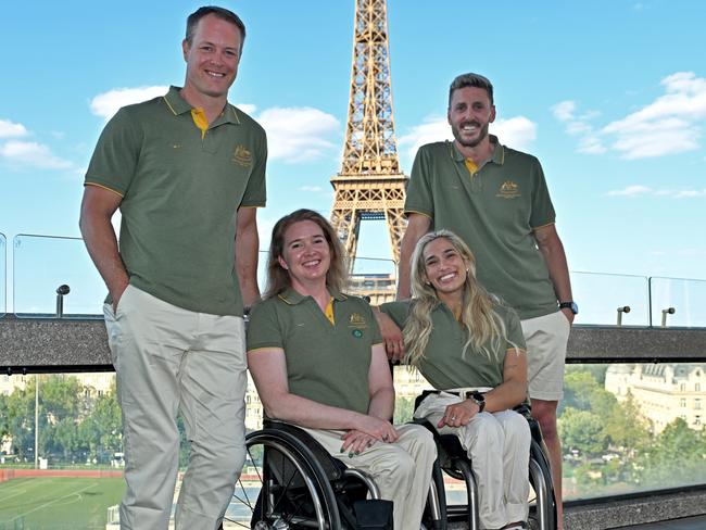 Australia’s Paralympic team co-captains Curtis McGrath and Angie Ballard with flag bearers Madison De Rosario and Brendan Hall. Picture: Supplied