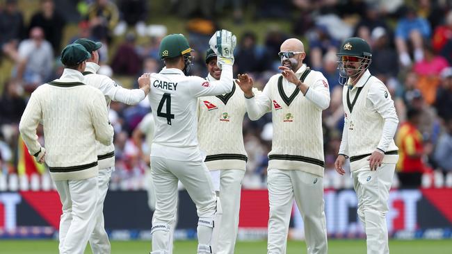 Nathan Lyonralia celebrates after taking the wicket of Tom Latham of New Zealand. Picture: Getty Images.