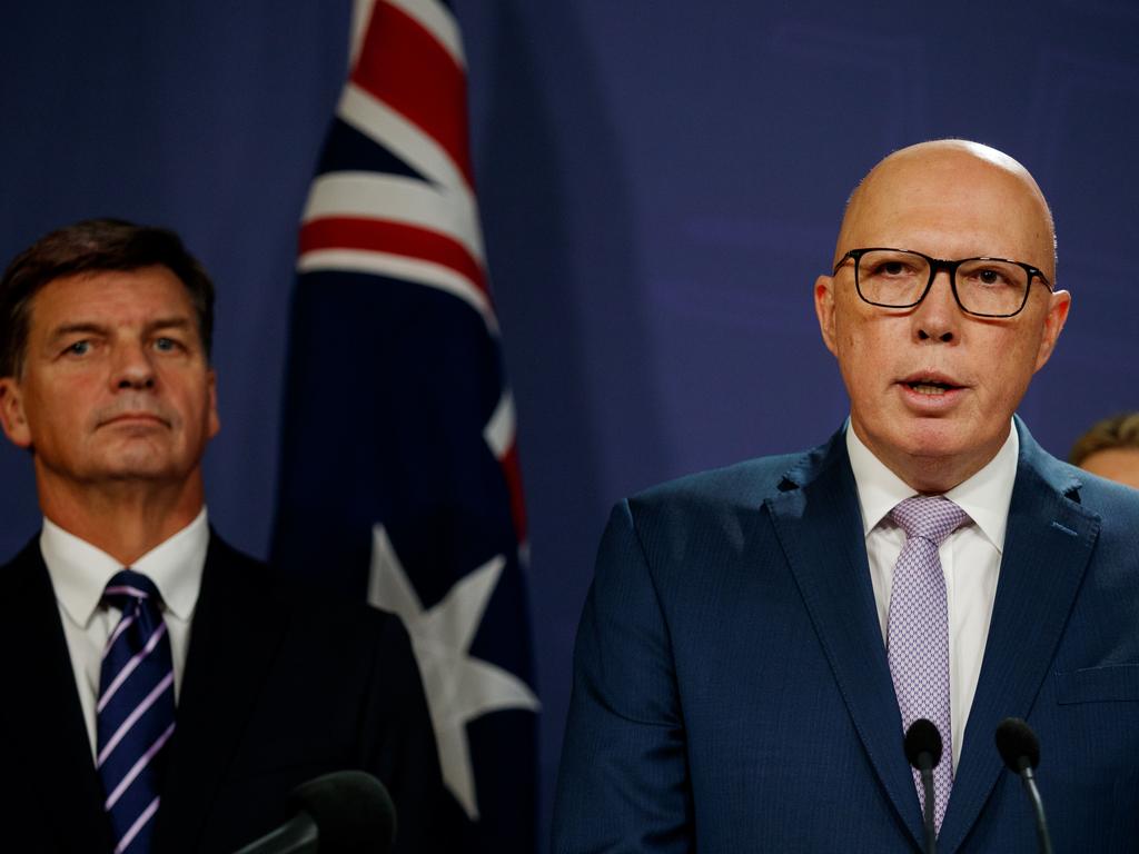 Federal Opposition leader Peter Dutton at a joint press conference with Angus Taylor, Susan Ley, David Littleproud and Ted O’Brien on Wednesday. Picture: NewsWire / Nikki Short
