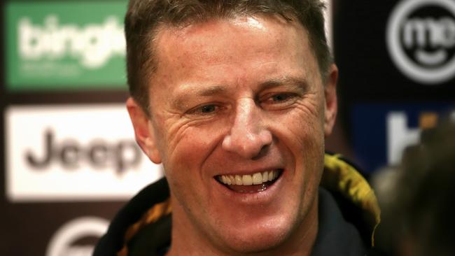 Richmond coach Damien Hardwick speaks with the media ahead of training at Punt Road Oval on Thursday, July 2, 2015, in Richmond, Victoria, Australia. Picture: Hamish Blair