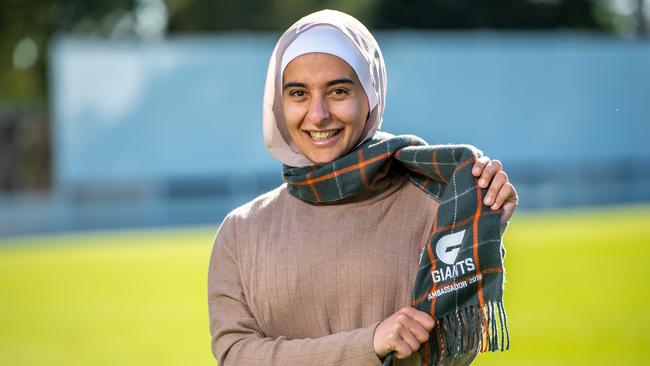 Amna Karra Hassan is a GWS Giants ambassador and founder of the all-women Auburn Giants Australian Football Club. Picture: Monique Harmer