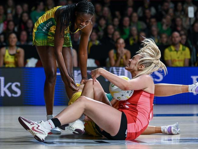 England’s Helen Housby hurt her ankle in a collision with DIamonds star Sarah Klau. Picture: Getty Images