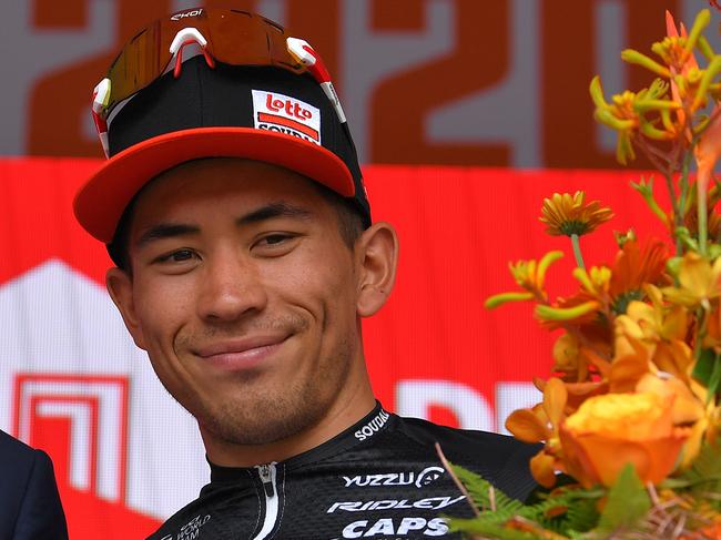 MURRAY BRIDGE, AUSTRALIA - JANUARY 24: Podium / David Lappartient of France President of the Union Cycliste Internationale UCI / Caleb Ewan of Australia and Team Lotto-Soudal / Celebration / during the 22nd Santos Tour Down Under 2020, Stage 4 a 152,8km stage from Norwood to Murray Bridge / TDU / @tourdownunder / #UCIWT / on January 24, 2020 in Murray Bridge, Australia. (Photo by Tim de Waele/Getty Images)