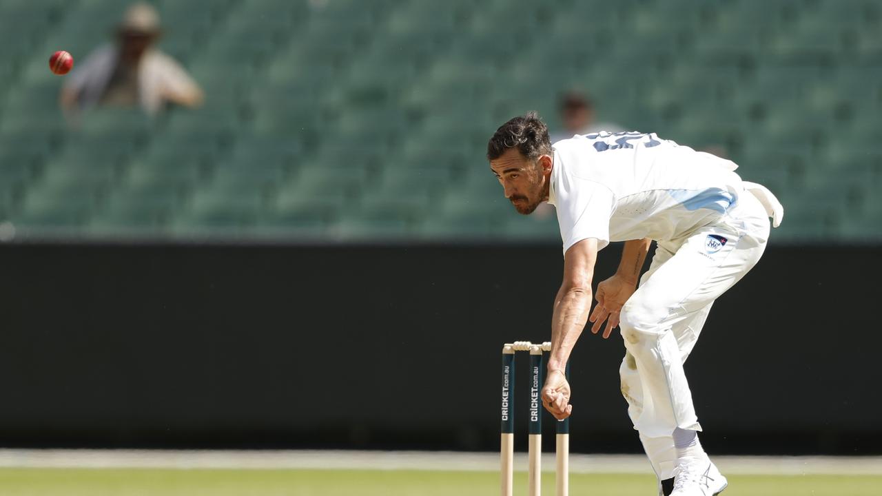 MELBOURNE, AUSTRALIA - OCTOBER 22: Mitchell Starc of New South Wales bowls during the Sheffield Shield match between Victoria and New South Wales at Melbourne Cricket Ground, on October 22, 2024, in Melbourne, Australia. (Photo by Darrian Traynor/Getty Images)