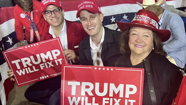 Gina Rinehart (right) with PR adviser James Radford and Sam Bjelke-Petersen at a pre-election rally at Salem, Virginia. Picture: Supplied