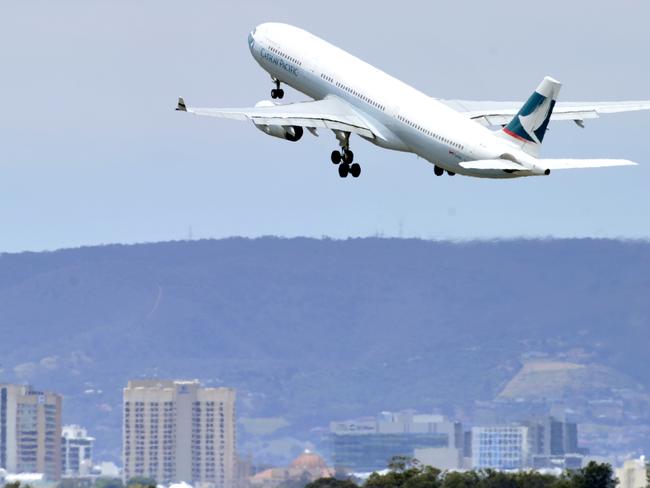 Cathay Pacific A-330 plane taking off from Adelaide Airport bound for Hong Kong.