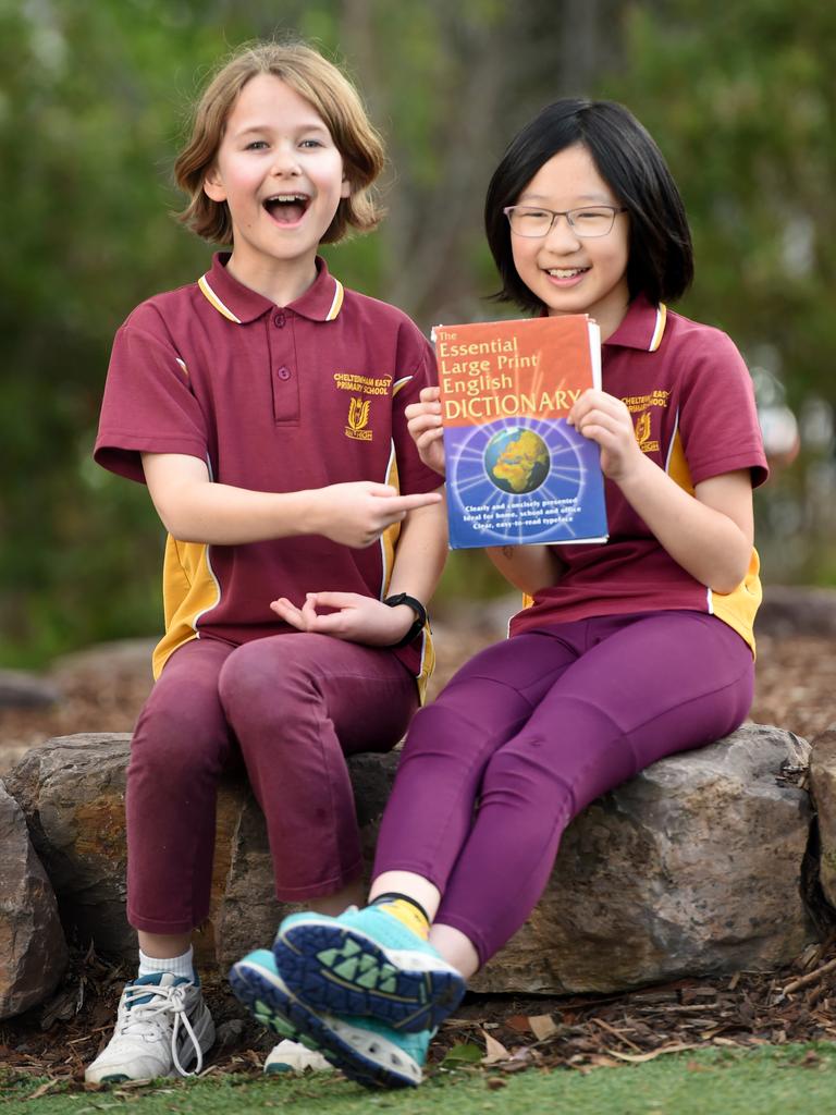 Friends and classmates Milla Whiteley and Vanessa Wong, Year 4 students at Victoria’s Cheltenham East Primary School, have both progressed to the state and territory finals of the 2023 Prime Minister’s Spelling Bee. Picture: Nicki Connolly