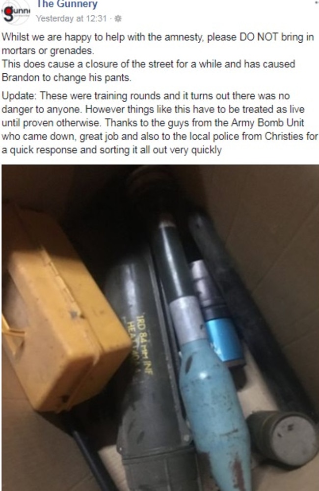 A screencap of The Gunnery's Facebook page about grenades and mortars being brought in.