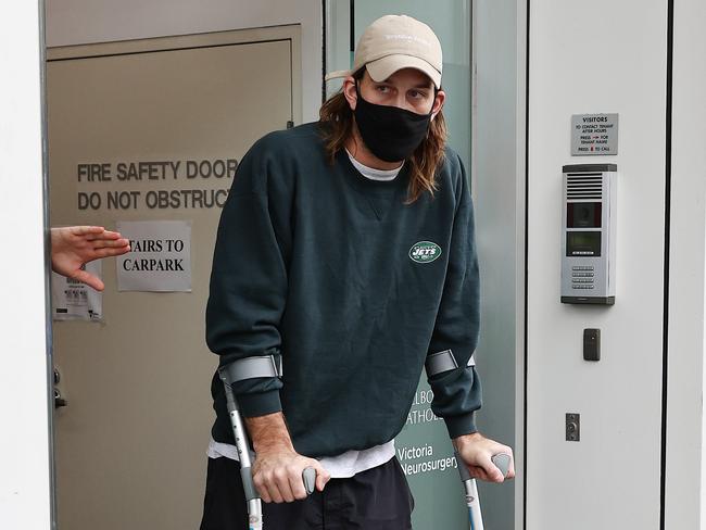 Western Bulldogs forward Josh bruce leaves Victoria House imaging centre after having a scan on the knee he injured in the dying moments of yesterdays loss to Essendon at Marvel Stadium.  09/08.2021.       .  Pic: Michael Klein