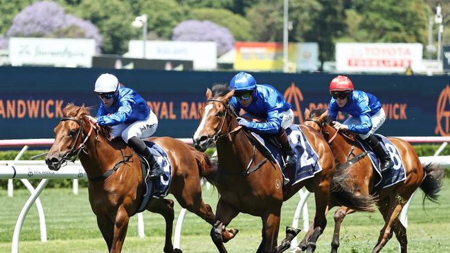 Gaeilge (white cap) was second to stablemate Comedy on debut. Picture: Jeremy Ng-Getty Images