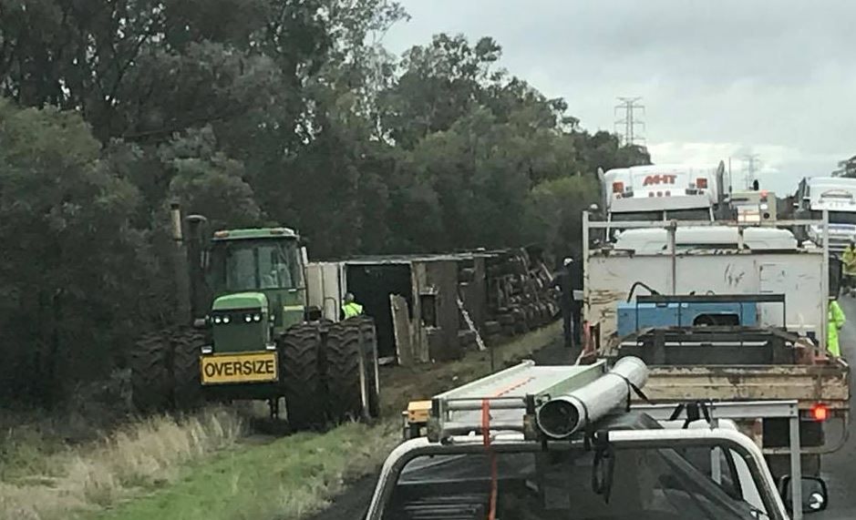 The scene of the truck rollover on the Warrego Hwy about 40km west of Miles. Picture: Matthew Hill